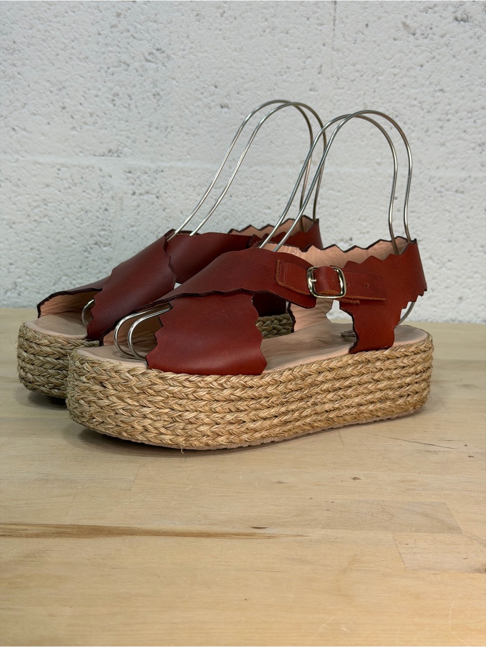 Women's Tan Leather Espadrille Platform Sandals with Buckle